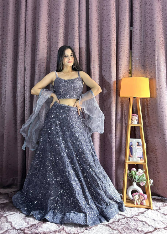 Grey Shimmering Fully Sequins work Lehenga Fully Stitched
