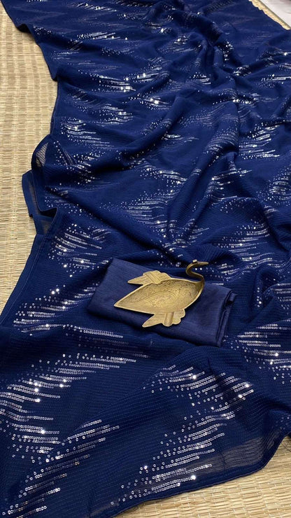 Blue zig zag sequins saree with stitched blouse