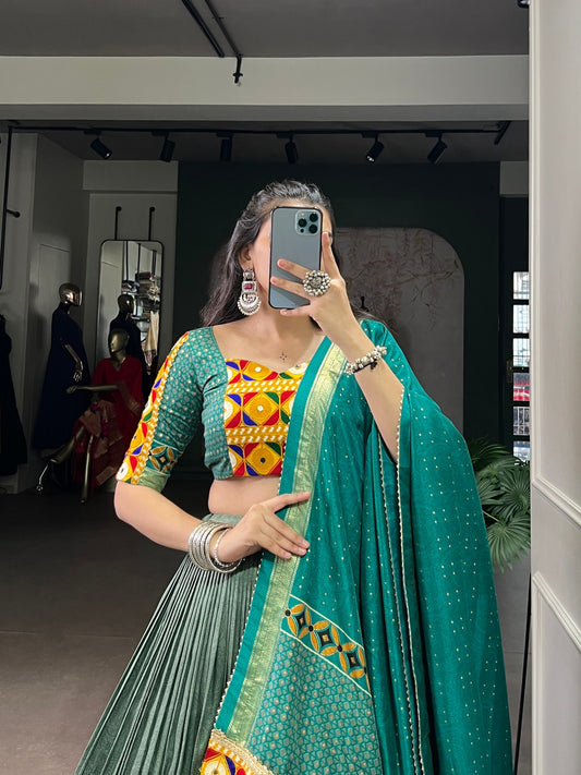 Varni - Beautiful Gamthi Work Printed Silk Chaniya Cholis Fully Stitched