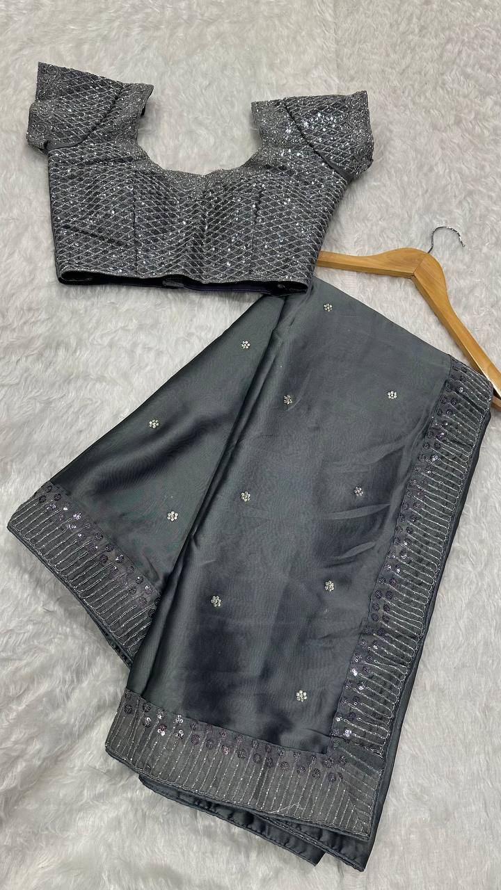 Metal Grey Soft Silk Saree with Sequins and Stone Work with Fully Stitched Blouse
