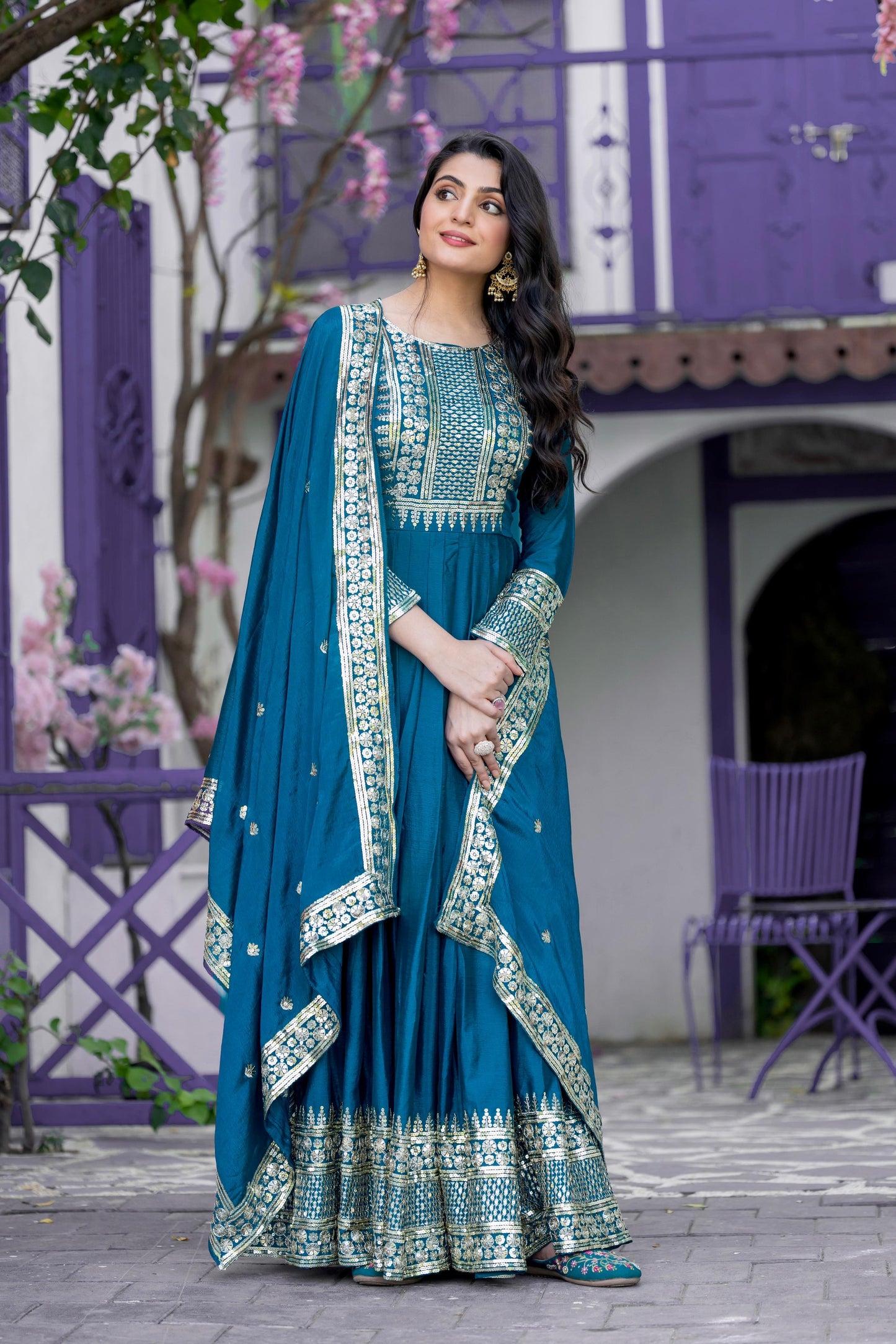 Harshita - Premium Silk Turquoise Gown with Sequins Work Fully Stitched