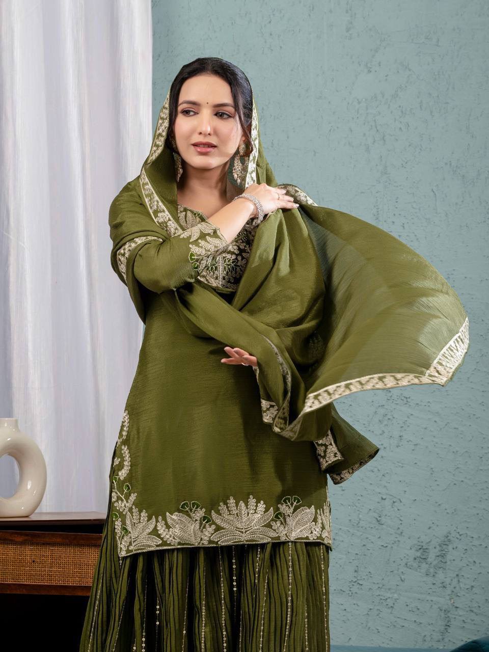Pure Chinon Silk Embroidered Sharara Set in 4 beautiful Colours Fully Stitched