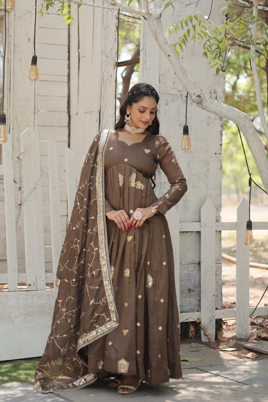 Premium Vichitra Silk Brown Fully Stitched Gown
