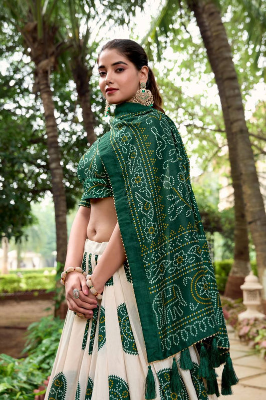 Navratri Special Green Bandhani Print Fully Stitched Lehenga