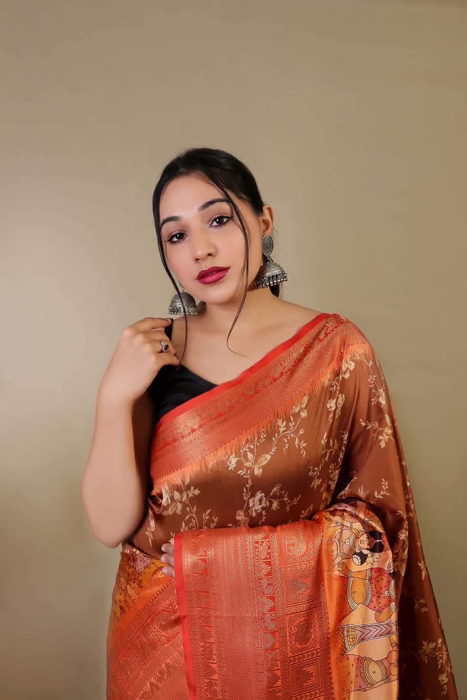 Kanchipuram style digital floral saree with stitched blouse