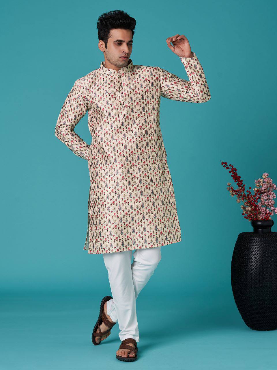 Royal Men's traditional indian sequins work with print cotton kurta with pajama