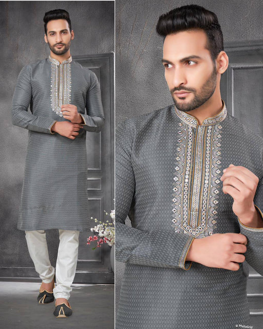 Grey Men's premium cotton jacquard kurta with embroidery at neck with pajama