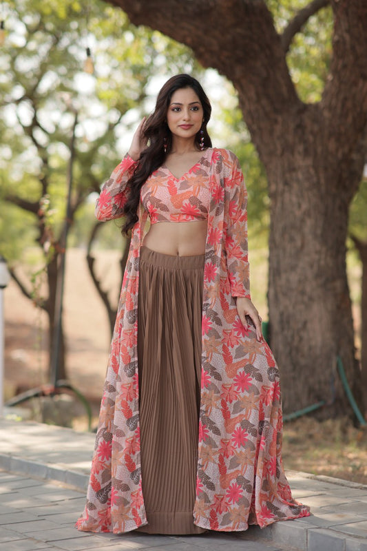 Faux Georgette Brown Pink Lehenga with Shrug Style