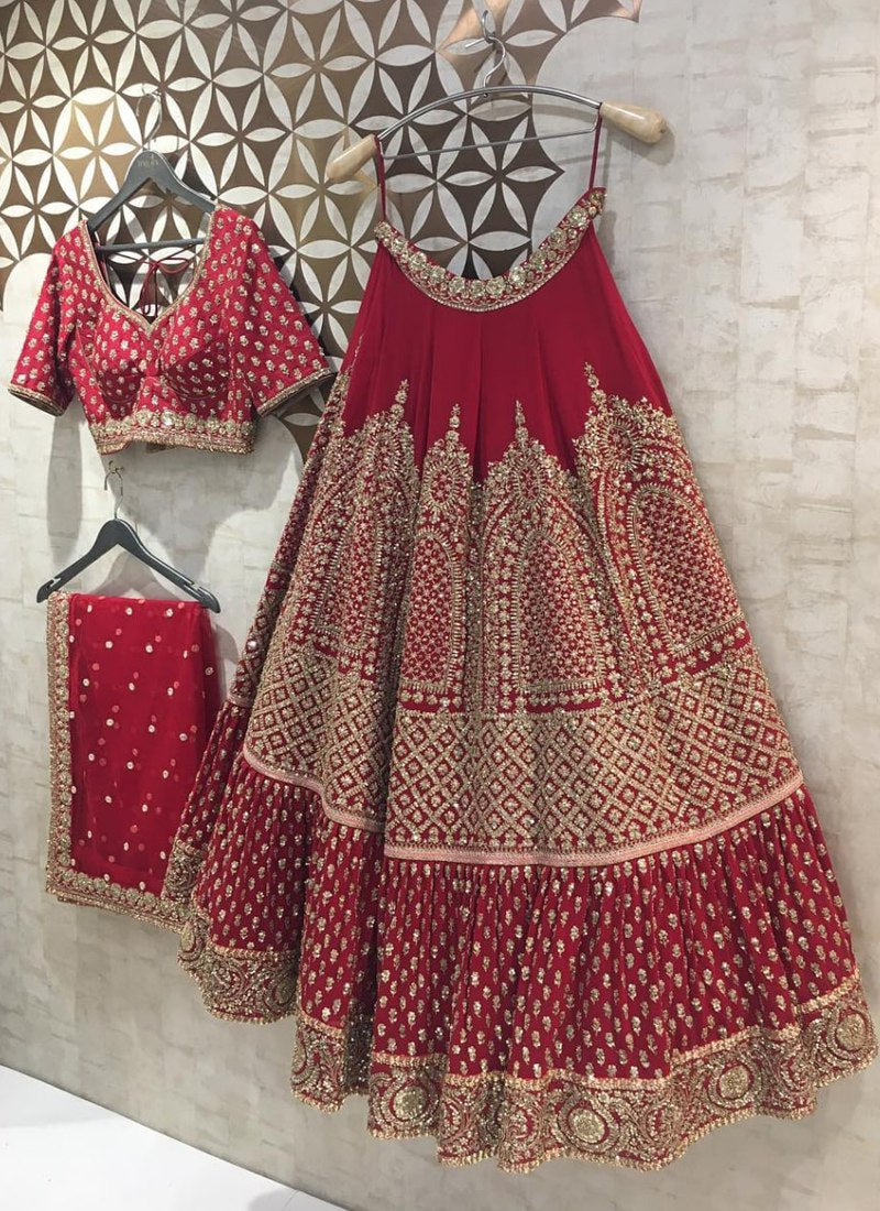Brick Maroon Embroidery Work Fully Stitched Lehenga