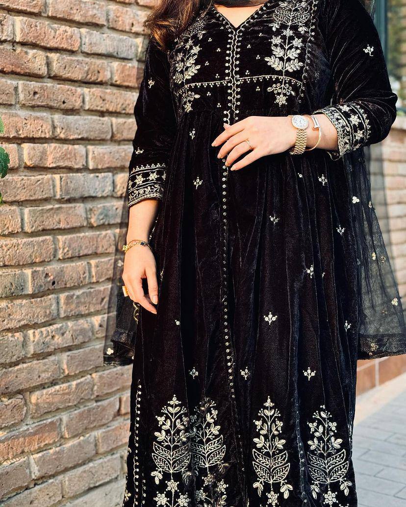 Black Velvet fabric fully stitched premium anarkali style gown