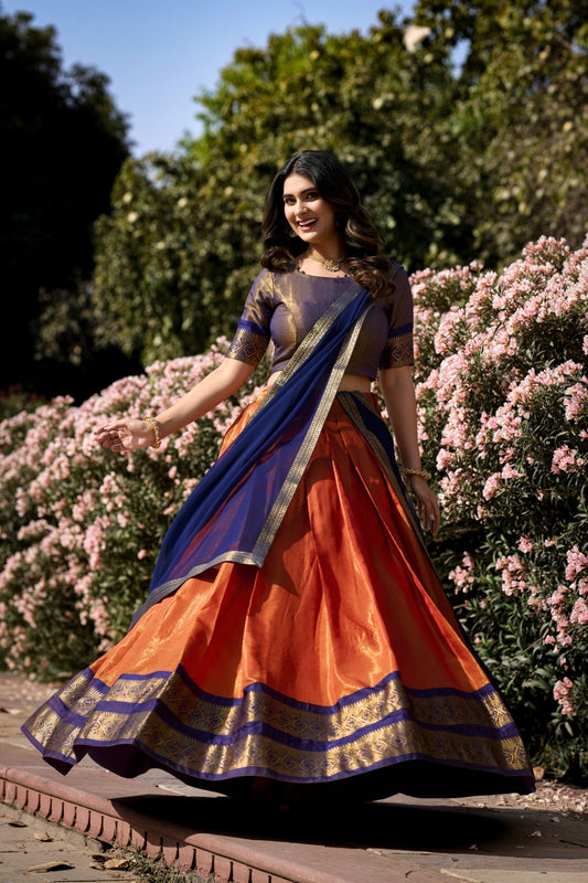 Navy blue & orange Kanchipuram style premium fully stitched lehenga