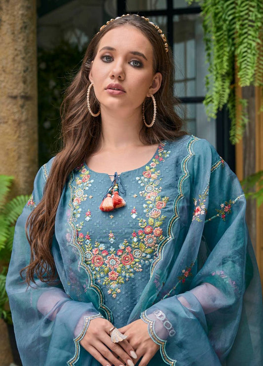 Sapphire blue embroidered kurti set