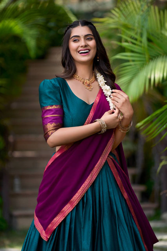 Bottle Blue Cotton Premium Fully Stitched Lehenga