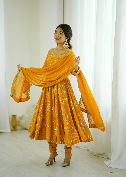 Preeva - Mustard Soft Georgette with Full Embroidery Gown Fully Stitched