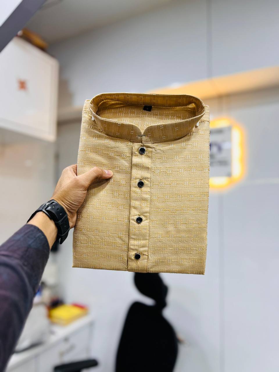 Pastel Brown Men's kurta Weaving style jaquard fabric with pure Cotton Pajama