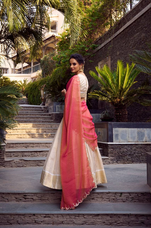 White & Pink Elegant Silk Lehenga Minimal yet Classy Fully Stitched