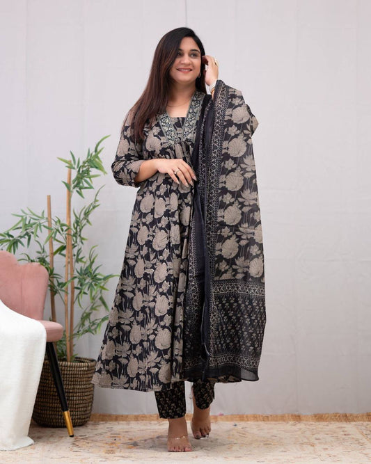 Black and white cotton premium suit with pant and dupatta