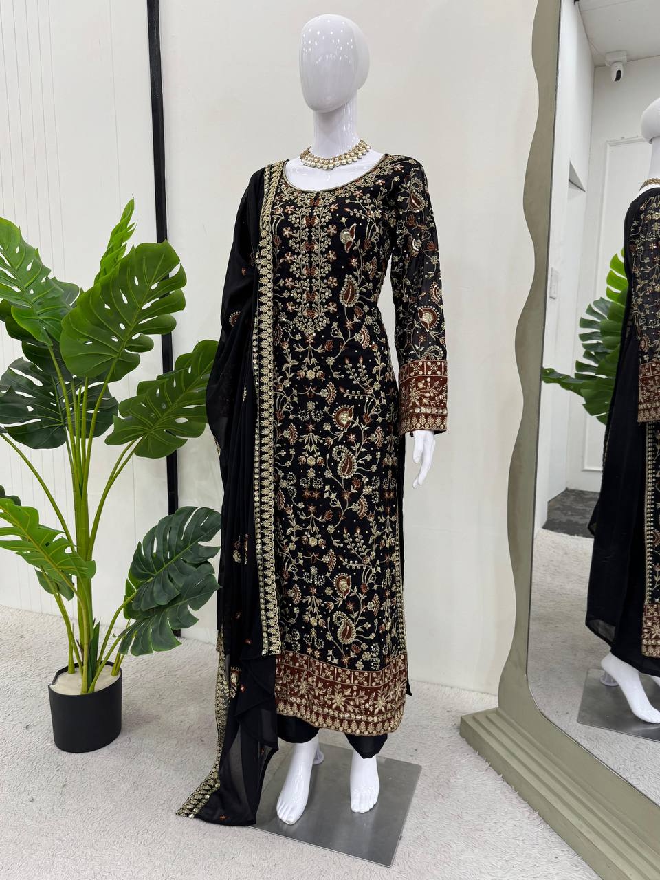Premium Black Heavy embroidered fully stitched suit