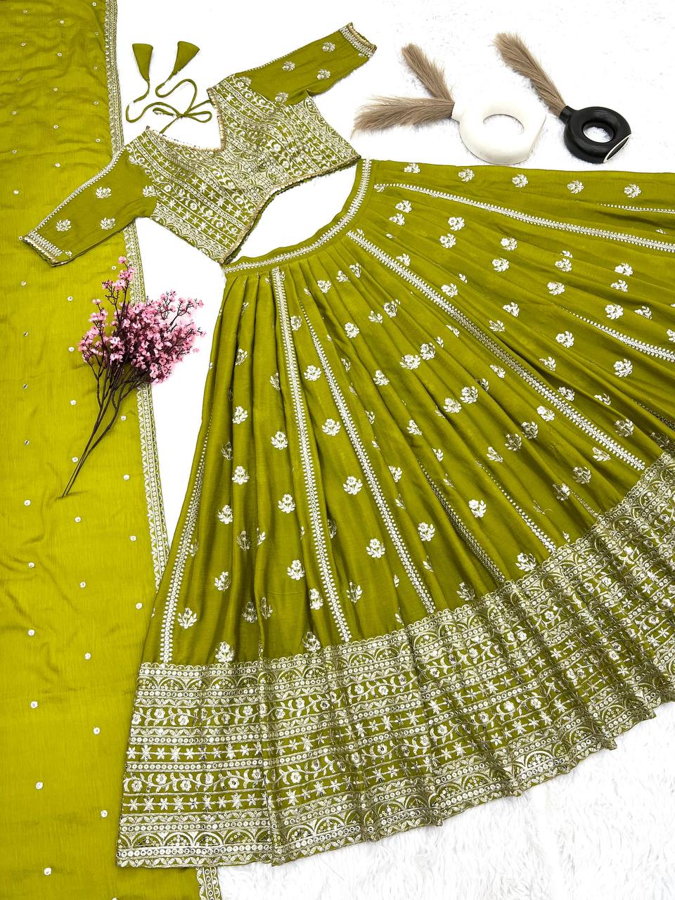 Mehendi Chinon silk fully stitched lehenga