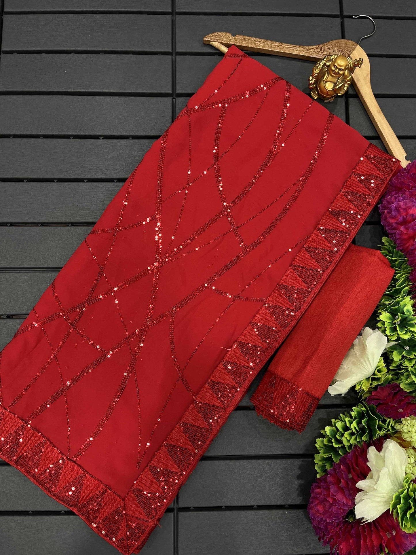 Cherry Red georgette saree of sequins work with fully stitched blouse