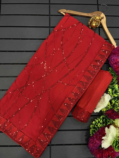 Cherry Red georgette saree of sequins work with fully stitched blouse