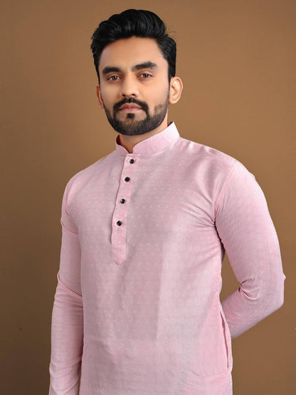 Pastel Pink Men's kurta Weaving style jaquard fabric with pure Cotton Pajama