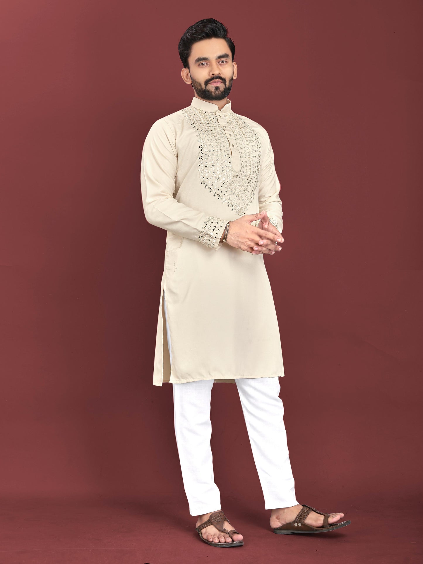 Men's Unique Exclusive Kurta with Real Mirror Neck Work with Cotton Pajama