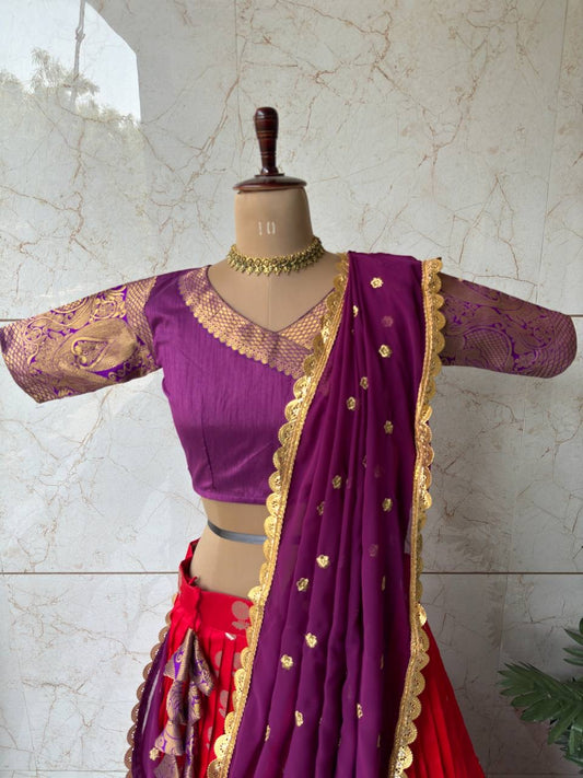 Red and Wine Kanjivaram style Silk lehenga fully stitched