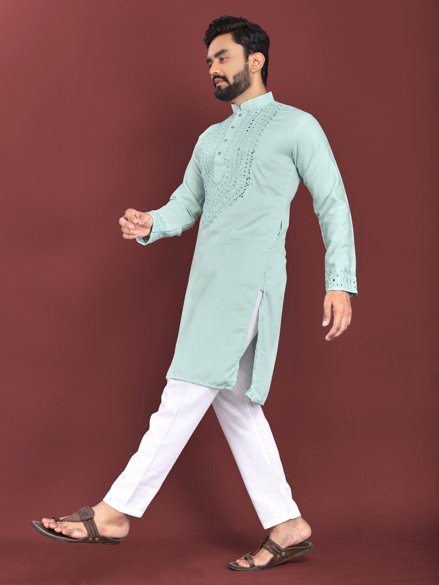 Men's Unique Exclusive Kurta with Real Mirror Neck Work with Cotton Pajama