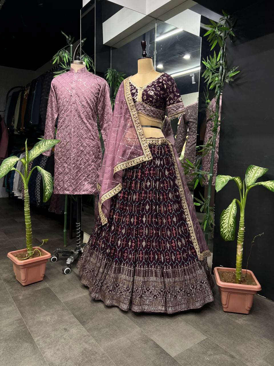 Heavy georgette wine colour lehenga choli with blouse and dupatta fully stitched & Men kurta