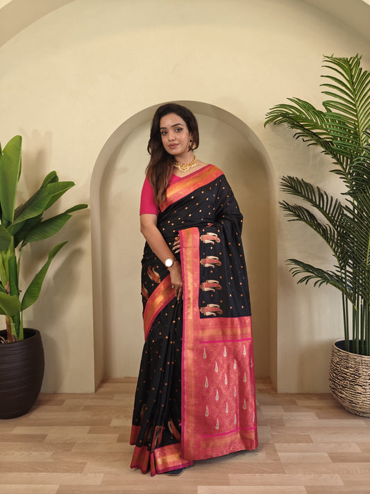 Black Pure Paithani Silk Saree with rich weaving with Stitched Blouse