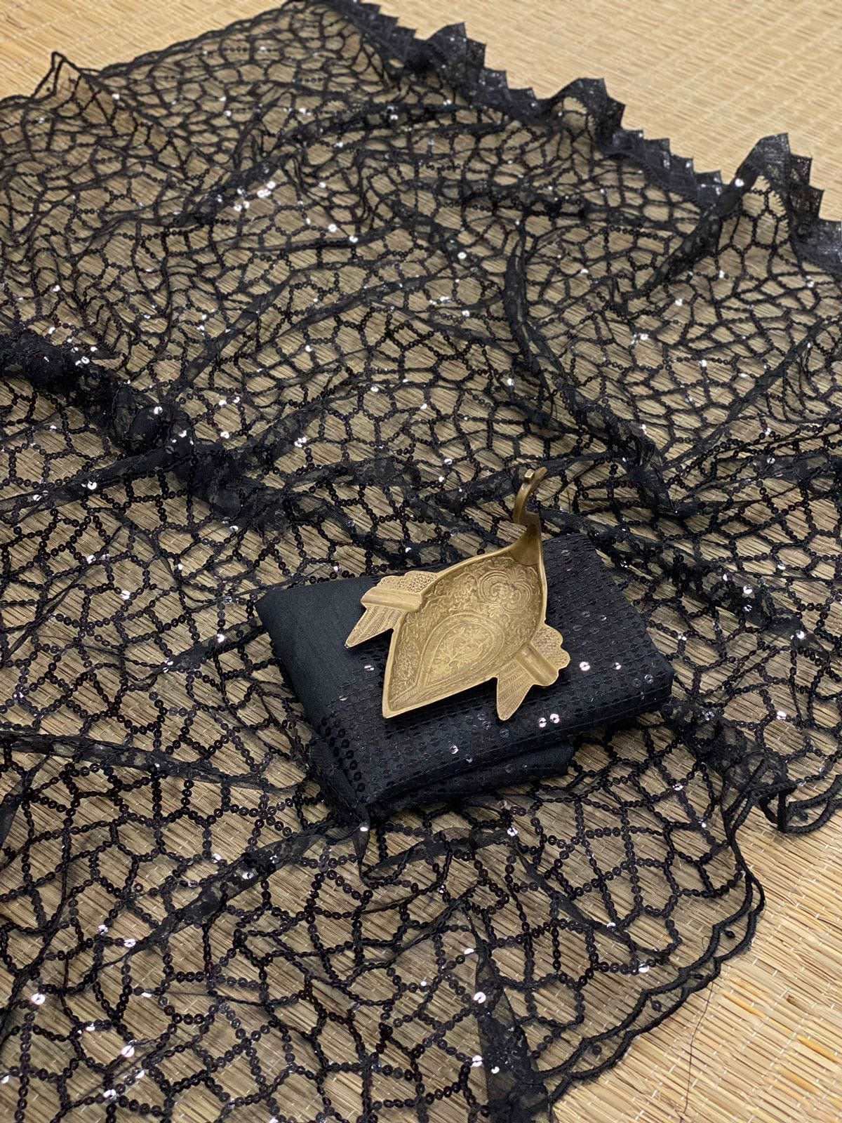 Full Black net saree with cheetah stype sequins with stitched blouse