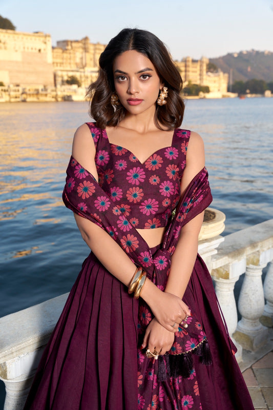 Vigna - Beautiful Wine Colour Floral Casual Lehenga for Every Occasion Fully Stitched