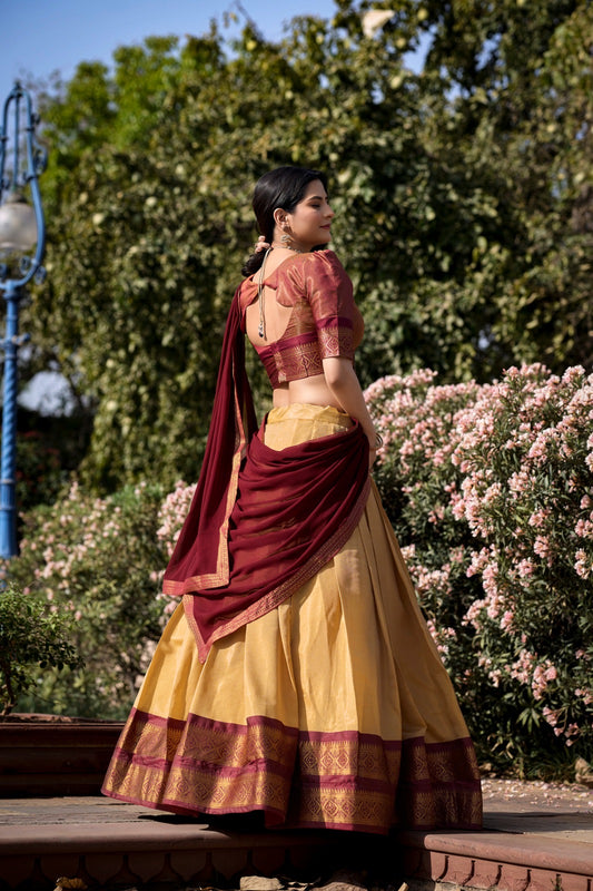 Cream Kanchipuram style premium fully stitched lehenga