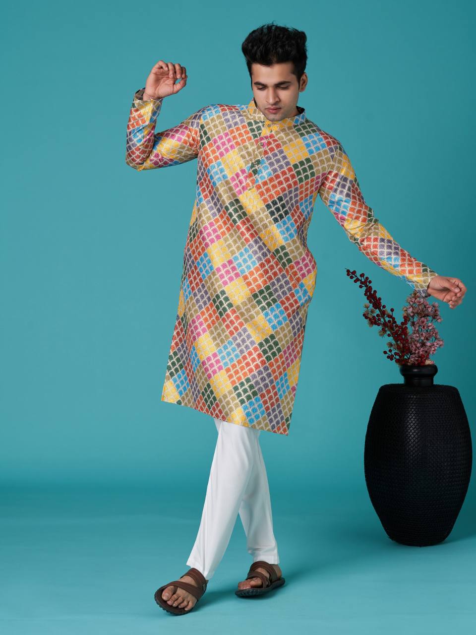 Men's colourful indian ethinic print cotton kurta with pant