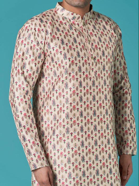 Royal Men's traditional indian sequins work with print cotton kurta with pajama