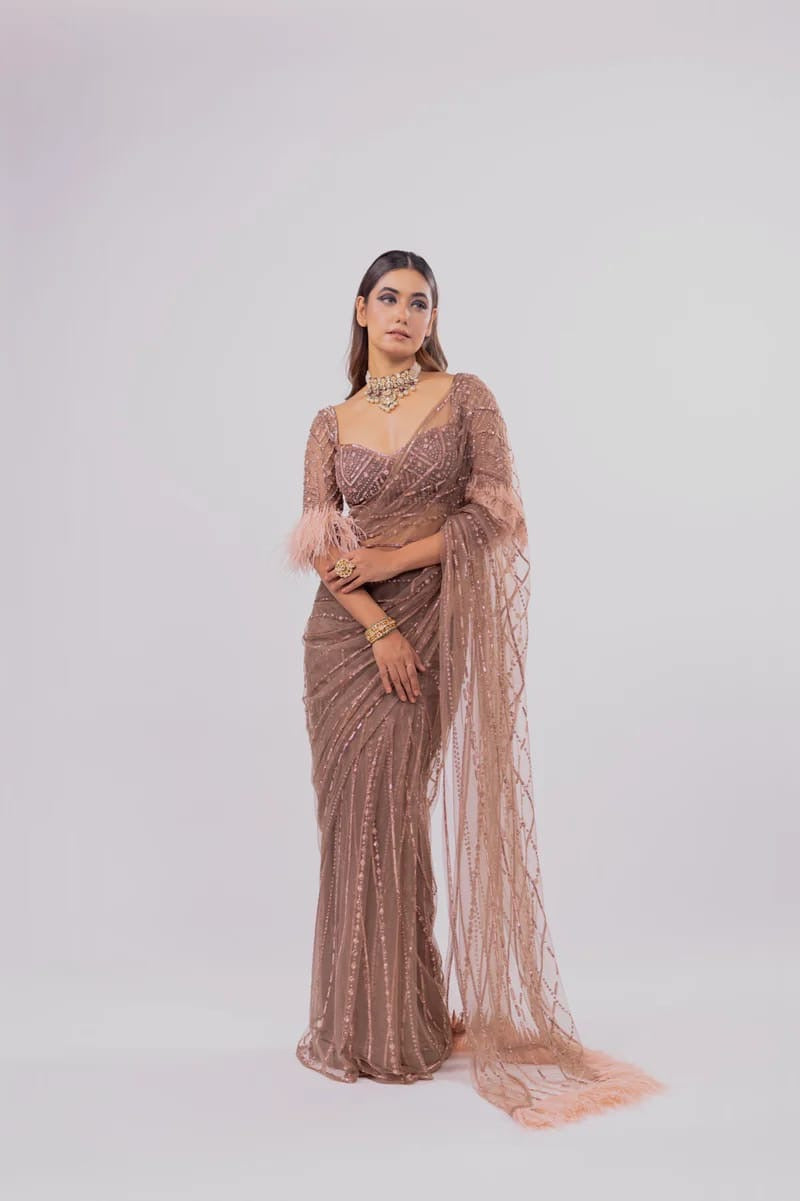 Brown peach shaded designer net saree with stitched blouse