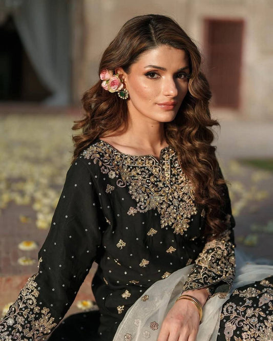 Black & White Heavy Embroidered Sharara Set Fully Stitched