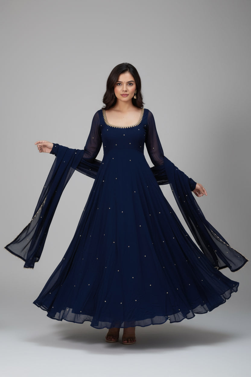 blue georgette dress Beautiful Navy Gown Fully Stitched – Kiara's Closet Embroidery color:Papaya INV5_2BP83 Beautiful Black Dress - Cape overlay has a