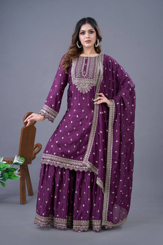 Embroidered & Butti Work Purple Sharara Set Fully Stitched