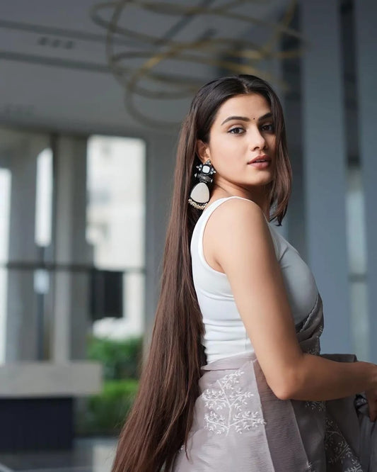 Soft Chinnon Silver grey saree with fully stitched blouse