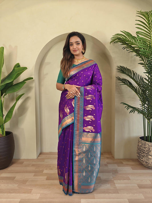 Purple Pure Paithani Silk Saree with rich weaving with Stitched Blouse