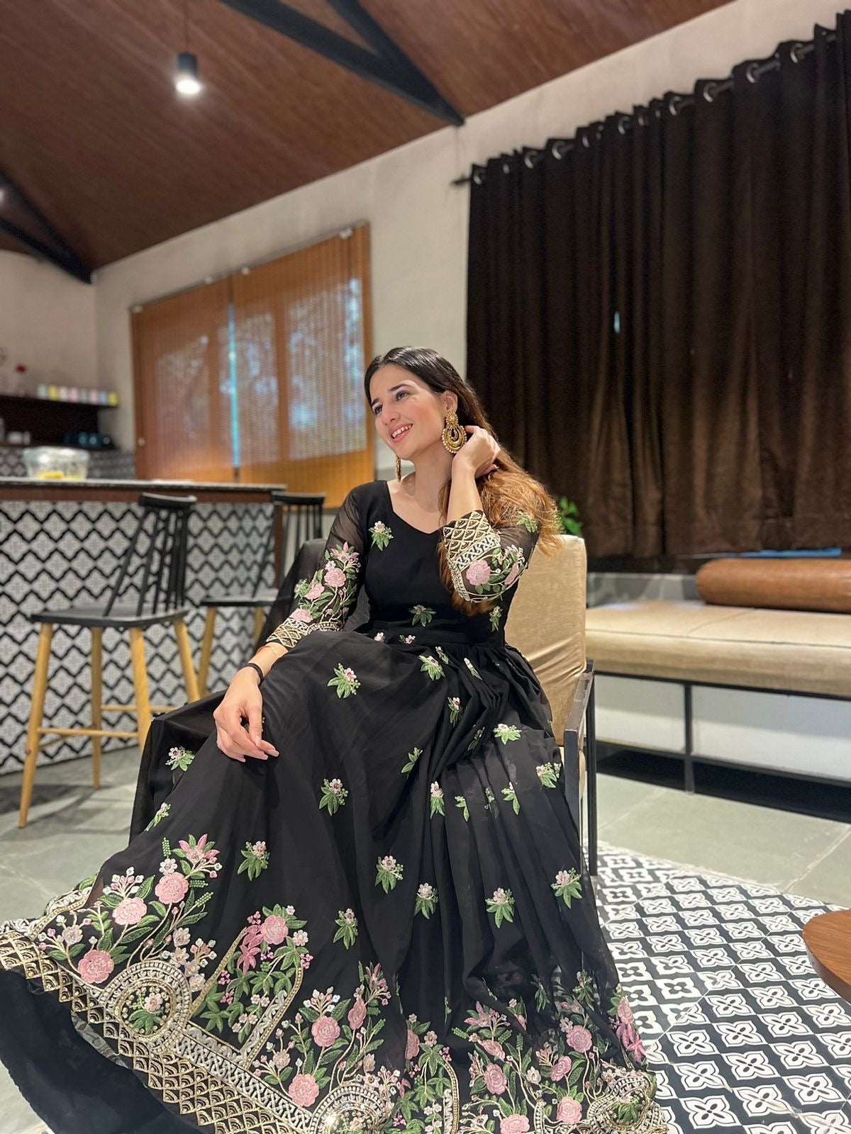 Black embroidered Gown fully stitched