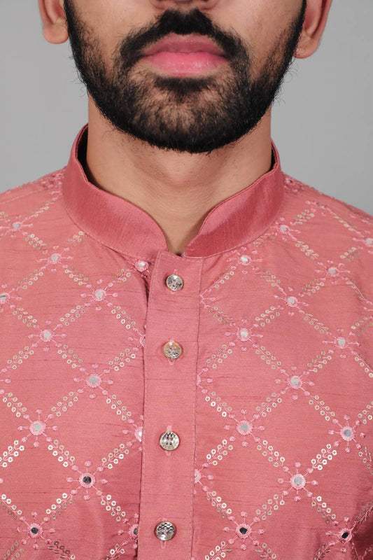 Peach colour Premium soft silk kurta with sequins work and with white cotton pajama