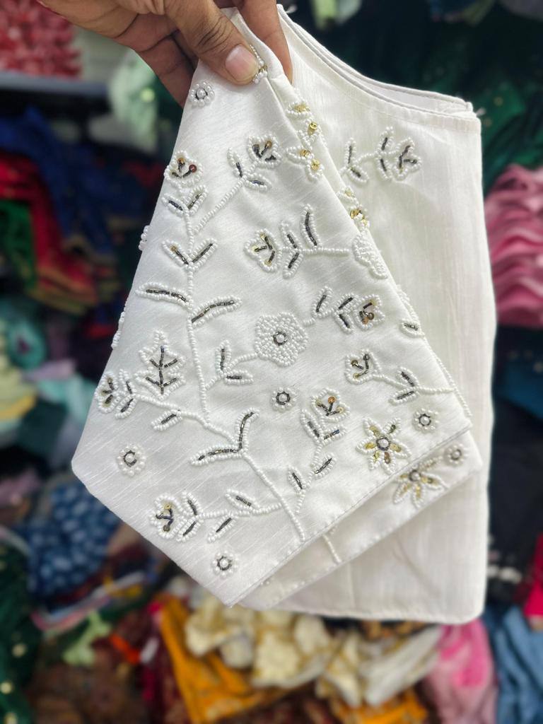 Premium White Blouse with Moti Handwork Readymade