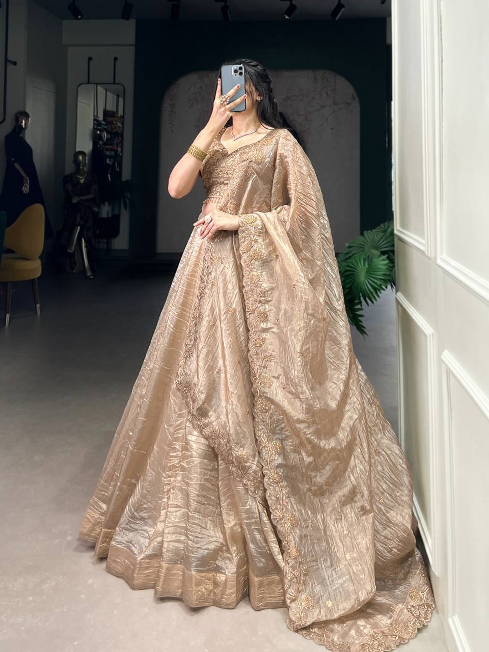 Copper Gold Shimmering Elegant Lehenga Fullt Stitched