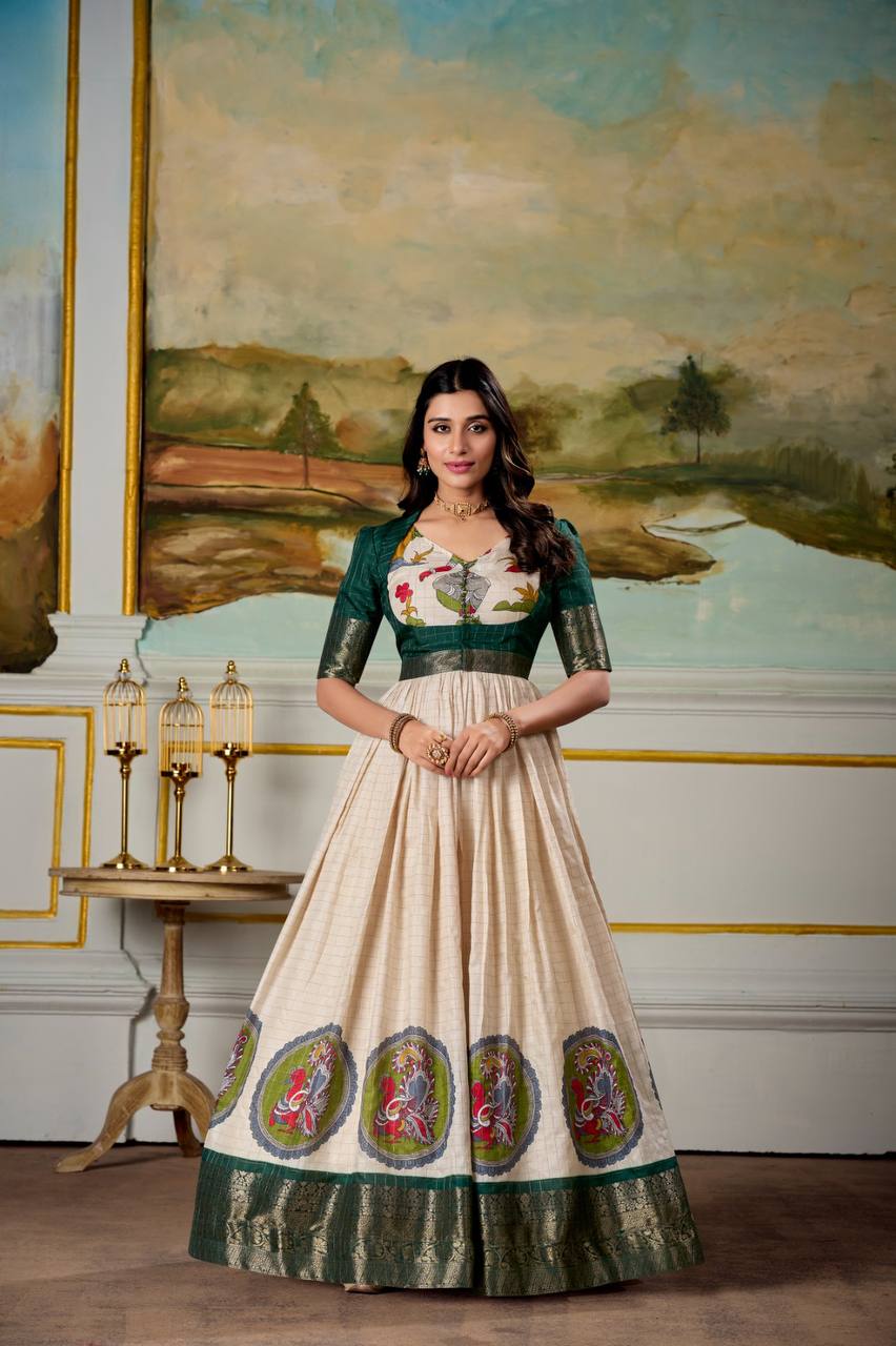 Beautiful Kalamkari Print Dola Silk Fully Stitched Gown