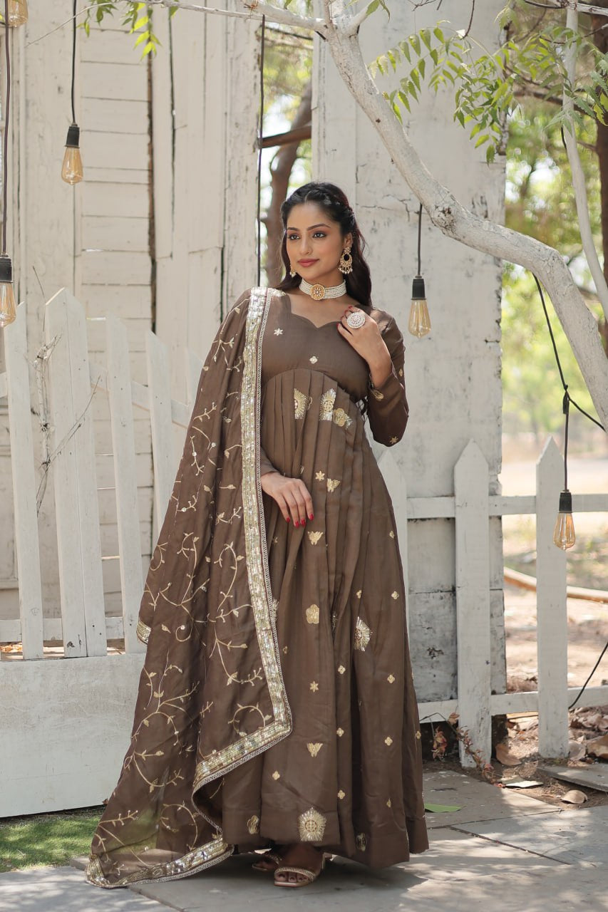 Premium Vichitra Silk Brown Fully Stitched Gown