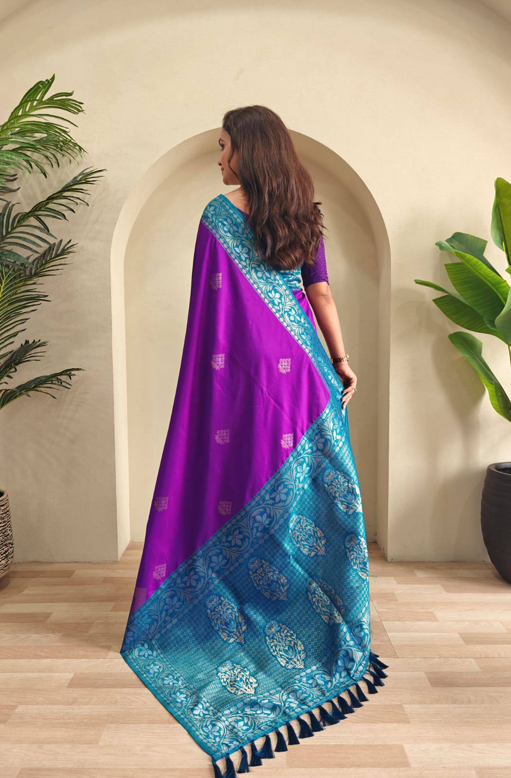 Priyanshi - Beautiful Dual Tone Soft Silk Saree with Zari Weaves with Stitched Blouse