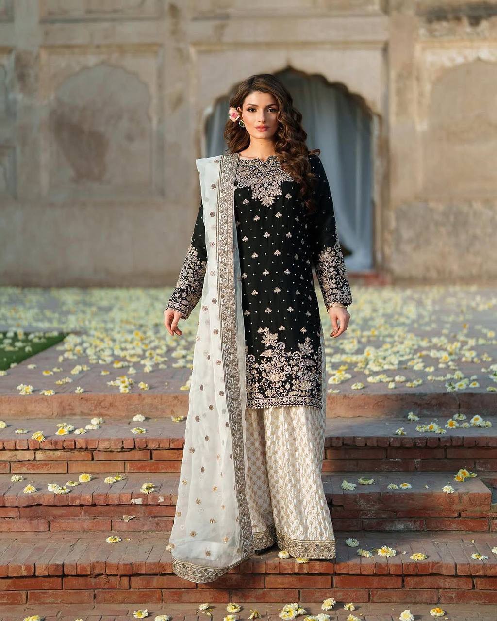 Black & White Heavy Embroidered Sharara Set Fully Stitched